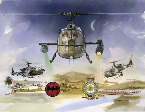 Watercolour painting of the Aerospatiale Gazelle helicopter - Night Hawk - used by the Army Air Corps