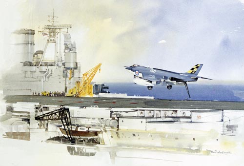 Watercolour painting of the Supermarine Scimitar, a British naval fighter aircraft. 